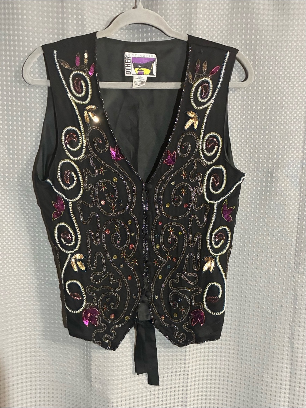 Other Destination 100% Silk Beaded Vest Sz M Glitz Glam Sequins Vintage 90s Y2K